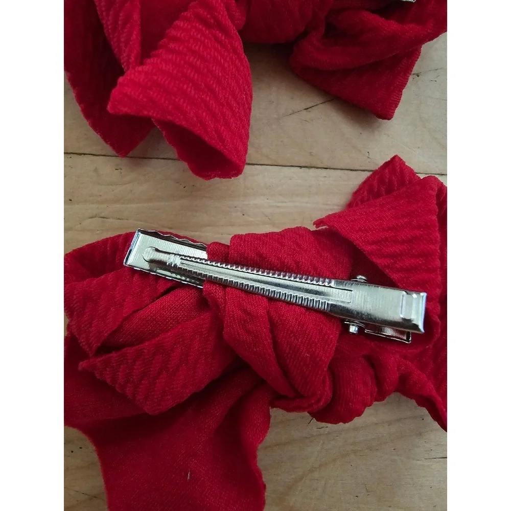 Red Textured Bullet Fabric Hair Bows Set of 2 Large Knot Alligator Clips Kids